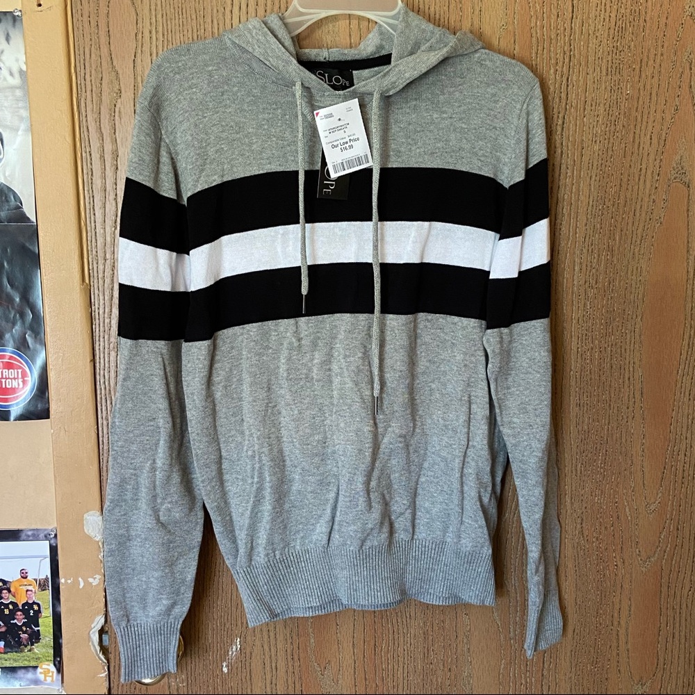 The Slope gray pull over hoodie with b&w stripes